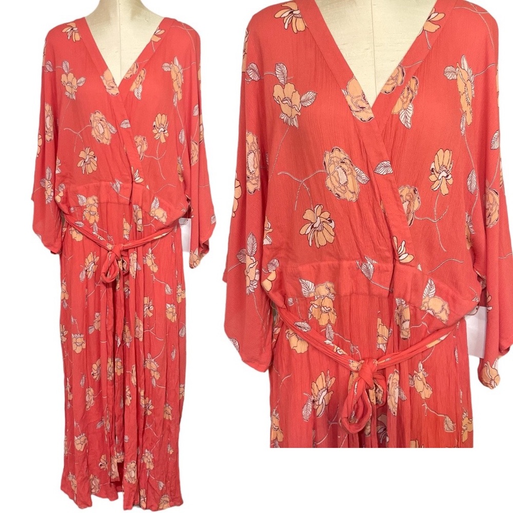 Roaman's Faux Wrap Floral Print Boho Maxi Dress In Coral Size 18/20 NWT